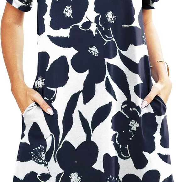 V-Neck Summer Casual Sundress for Women- Short Sleeve Swing Beach Dress with Poc - Picture 1 of 4